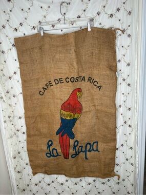 Source Unknown Natural Burlap Coffee Sack with Colorful Parrot Print